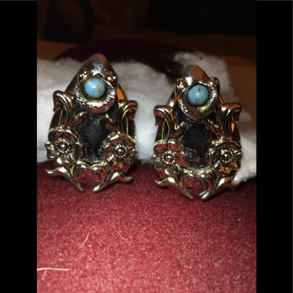 Gold & Floral Teardrop Earrings w/ Turquoise
